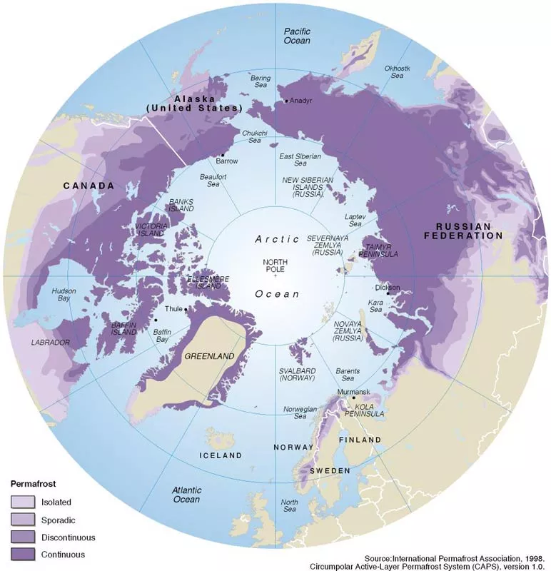 Map showing extent of permafrost in the Arctic